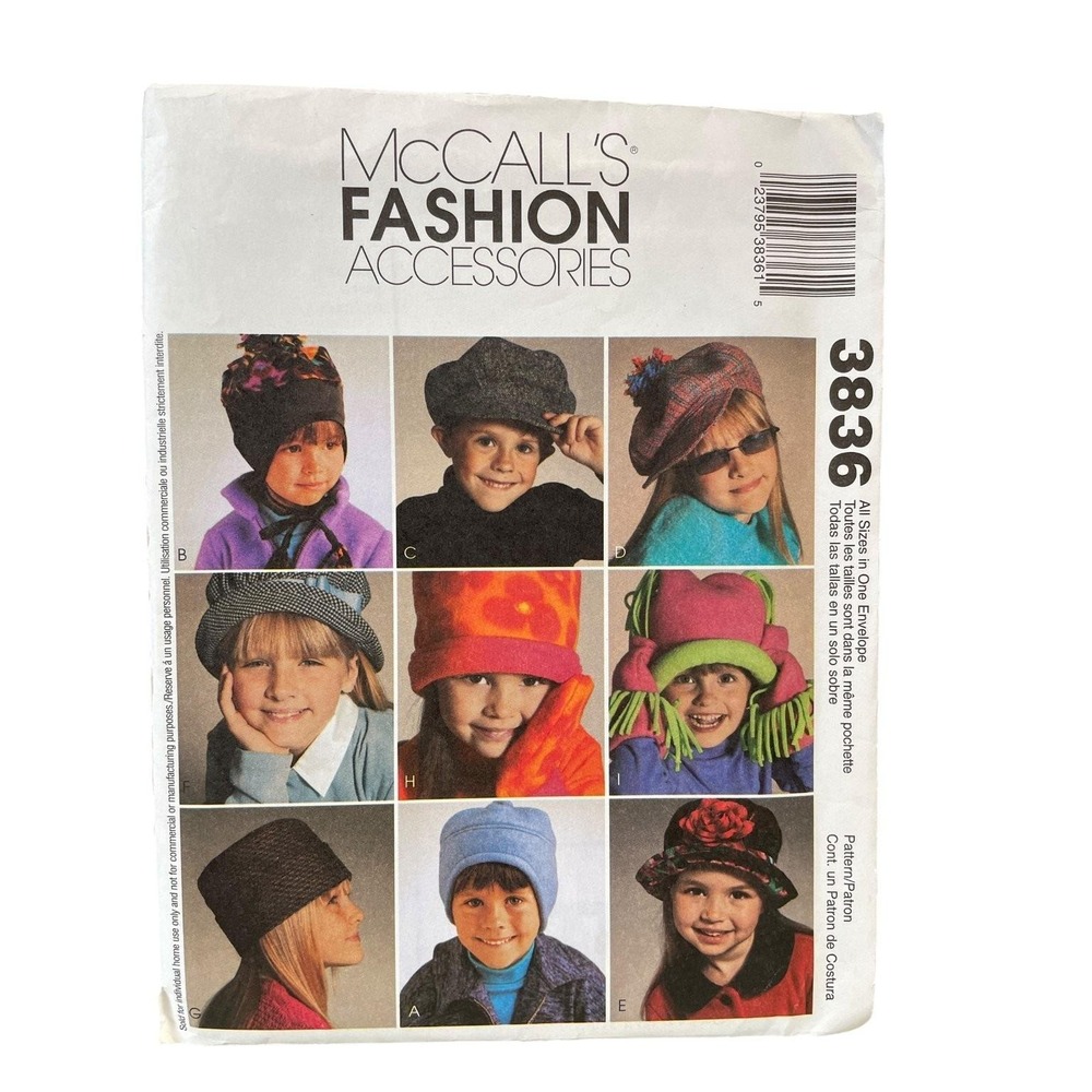 McCall's 3836 Sewing Pattern Children One Size Hats Mittens Beret Fleece Cap